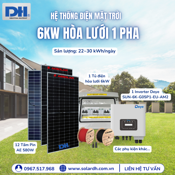Hệ thống điện mặt trời 6kW hòa lưới 1 pha mang đến sản lượng 22~30kWh/ngày